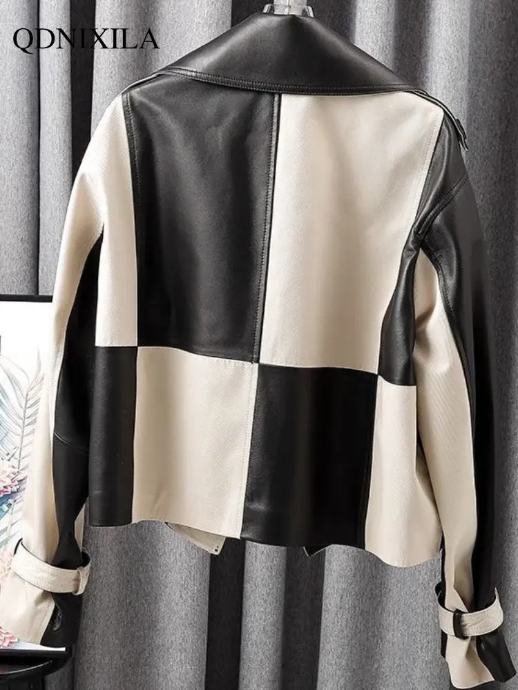 Jackets for Women 2023 Women's Leather Jacket  New Outerwea Black and White Plaid Stitching Top Short Casual Coat Jacket Woman