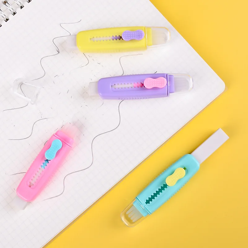 

4 Pcs Creative Push Pull Eraser with Soft Brush Pencil Rubber for Kids Drawing Writing Wiping Stationery School Supplies