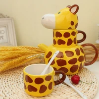 1set creative 3d giraffe animal mug teapot hand painted ceramic cup with lid spoon coffee milk tea cup brithday gift for friends