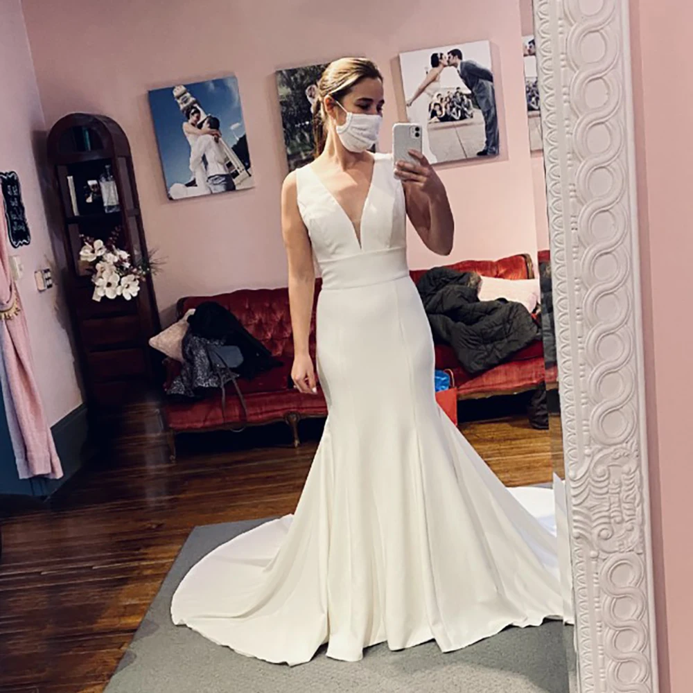 

Sheath Open Back Satin V Neck Wedding DressCustom Made Plus Size Buttons Column V Neck Bridal Gown