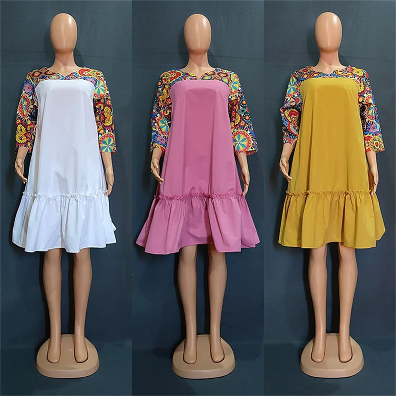 

Women Mini Dress Loose A-line Dresses Office Lady Fashion Vestidos Casual Streetwear Autumn Outfit African Print Sleeve Dresss