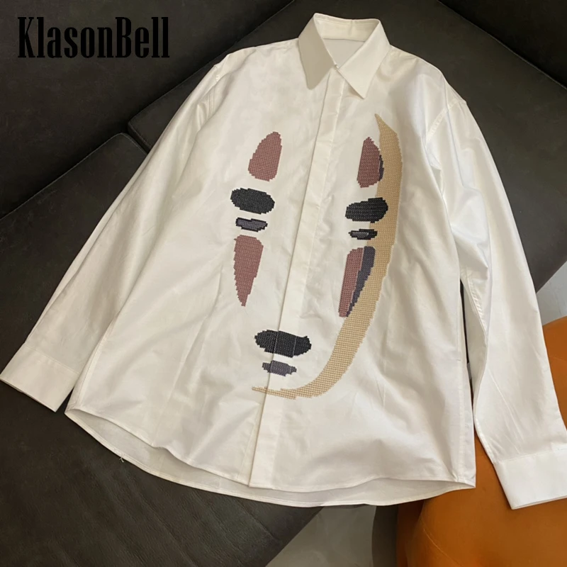 

3.30 KlasonBell Embroidery Pattern Long Sleeve Turn Down Collar Loose Midi Shirt Blouse Women