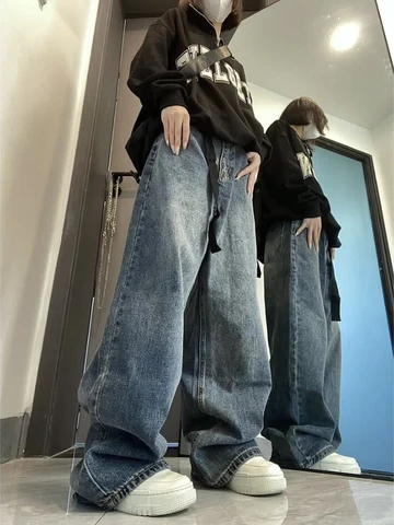 Джинсы-багги HOUZHOU Y2k женские в стиле Харадзюку, винтажные повседневные брюки-оверсайз из денима, уличная одежда в американском стиле ретро с широкими штанинами