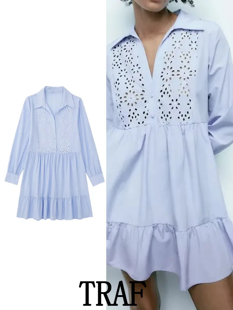 

TRAF ZA&ree 2022 Woman Hollow Out Embroidery Shirt Mini Dress Vintege Long Sleeve Female Summer Causal Elegant Dresses