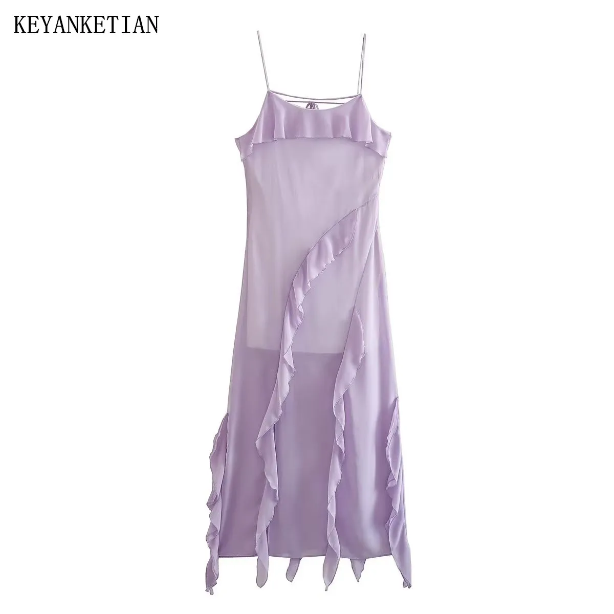 

KEYANKETIAN Summer New Asymmetrical Lotus Leaf Trim Light Purple Sling Dress Slim Slit Sleeveless Ankle-length Maxi Skirt Women