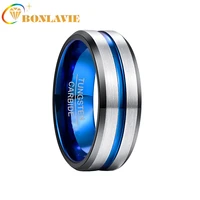 bonlavie 8mm width tungsten mens ring black electroplated inner ring bevel blue groove steel frosted tungsten steel ring