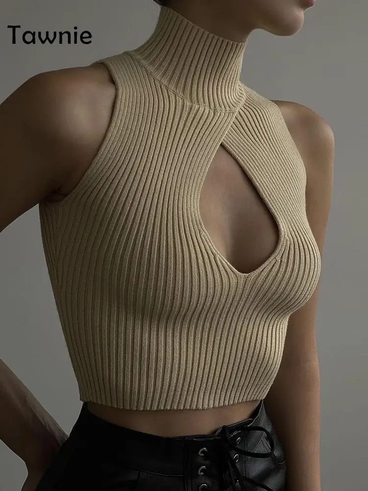 

Tawnie Elegant Sexy Hollow Out Crop Top Women Sleeveless Turtleneck Knitted Tank Top Club Party 2023 Spring Summer Y2K Clothes