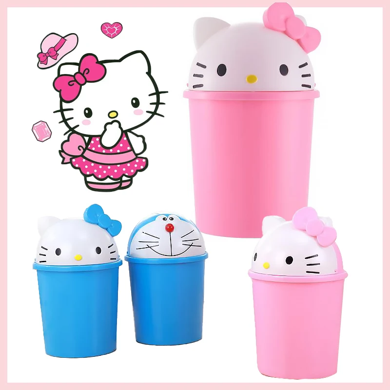 

Kawaii Hello Kitty Mini Desktop Bin Trash Can Tube with Cover Anime Doraemon Refuse Bin Bedroom Garbage Can Office Desk Dustbin