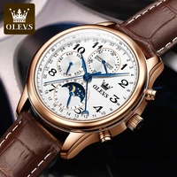 olevs genuine automatic mechanical watch for men moon phase chronograph waterproof men wristwatch leather strap moonswatch 6667