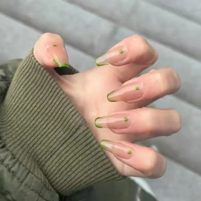 

24Pcs/Box with glue Fresh Green Dots long Ballet Wearable Fake Nails press on Square Head Full Cover Detachable Fingernails
