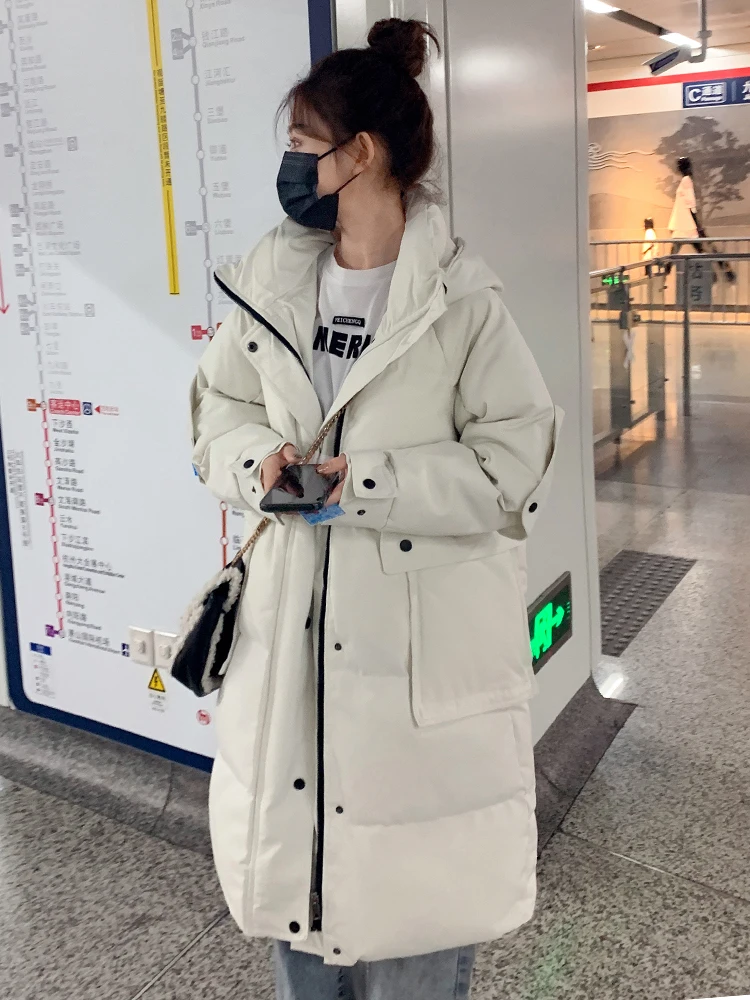 2022 Women Winter Long Warm Parka Hooded Oversize Korean Style Loose Female Coat Solid Black Coffee White Fashion