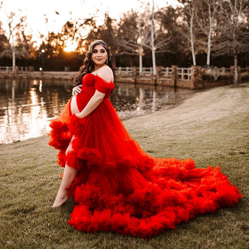 

Bright Red Maternity Dresses Photoshoot Baby Shower Long Lush Maternity Gowns Sexy Front Open Layered Tulle Pregnant Dress