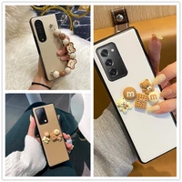 cute cartoon bear beads wrist band phone case for samsung galaxy z fold 4 3 2 pu leather hard cover
