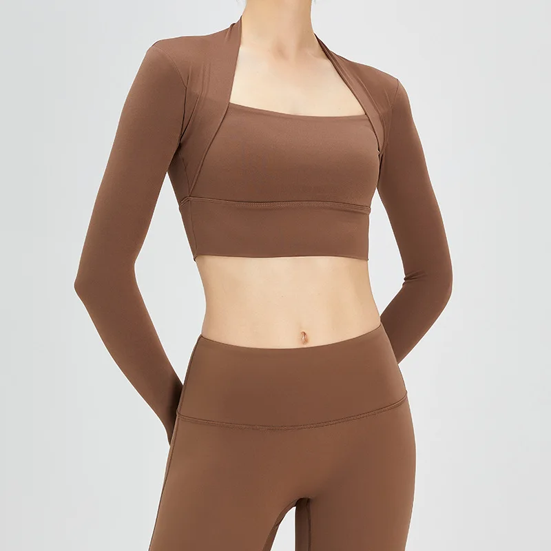 

Fitness Clothes Women Yoga Clothing Top Autumn Winter Shawl Cup Long Sleeves Stand Collar Nude Sports U-shaped Fitness Workout