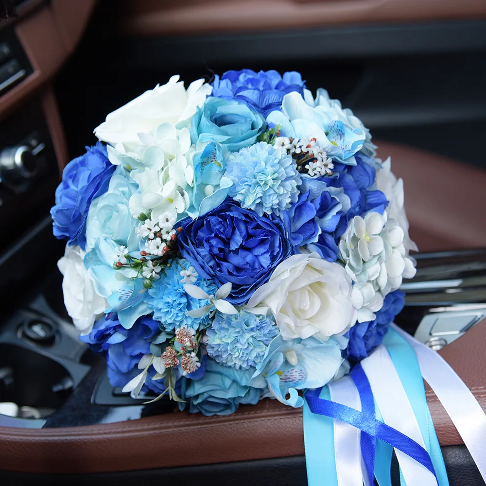 

Bridal Bouquet Handmade Blue Ribbon Rhinestone Simulation Flower Wedding Party Supplies