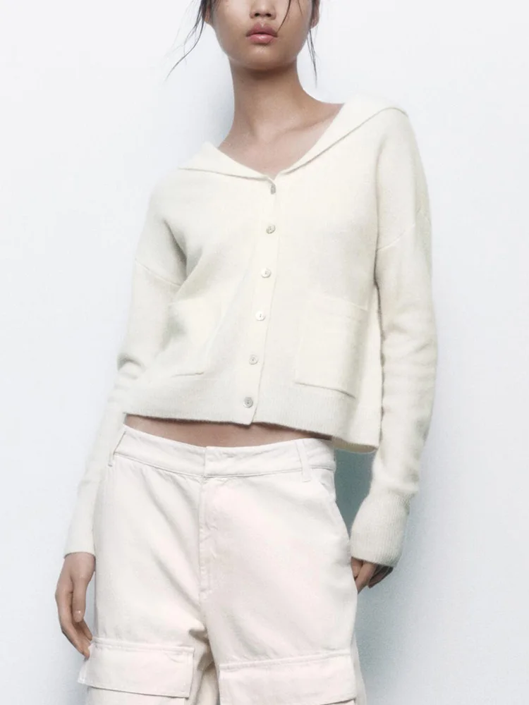

Cardigan Women 2023 V Neck Lapel Collar Casual Cardigan With Patch Pockets Long Sleeve Single Breasted Knitted Sweater Cardigans