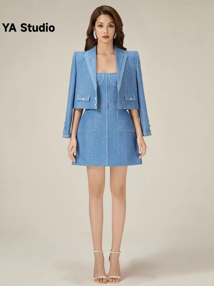 

[YA Studio] New Heavy Denim Rhinestone Sling Dress Short Coat Crowd 2023 Summer Fashion