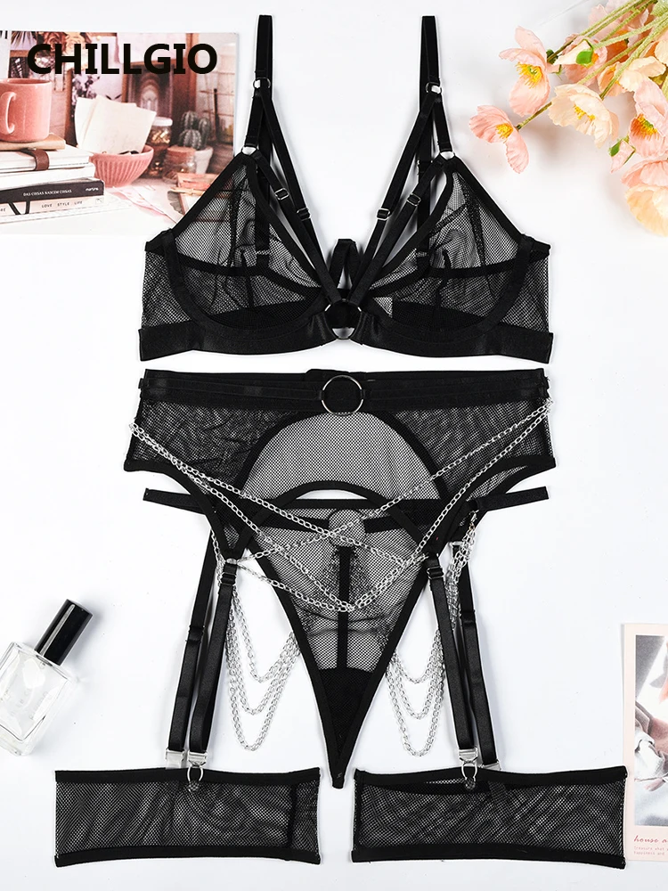 

CHILLGIO женское прозрачное сексуальное Сетчатое нижнее белье, костюмы, модное нижнее белье из трех предметов, эротический интимный бюстгальтер пуш-ап на цепочке, Короткие комплекты