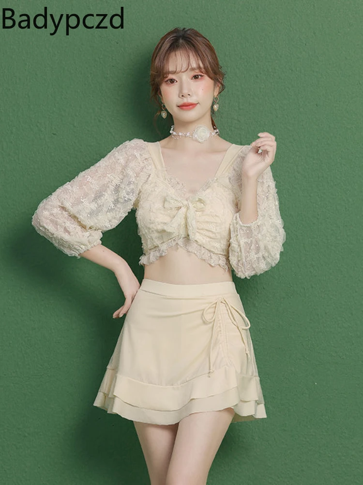 

Badypczd Swimsuit Conservative Belly Cover Thin Hot Spring Bathing Suit Split Chest Gathered Long Sleeved Skirt Swimsuit Women