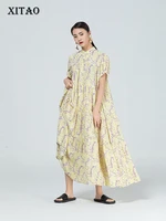 xitao print pattern floral dress pleated goddess fan casual style 2021 summer new loose fashion simplicity wmd1430
