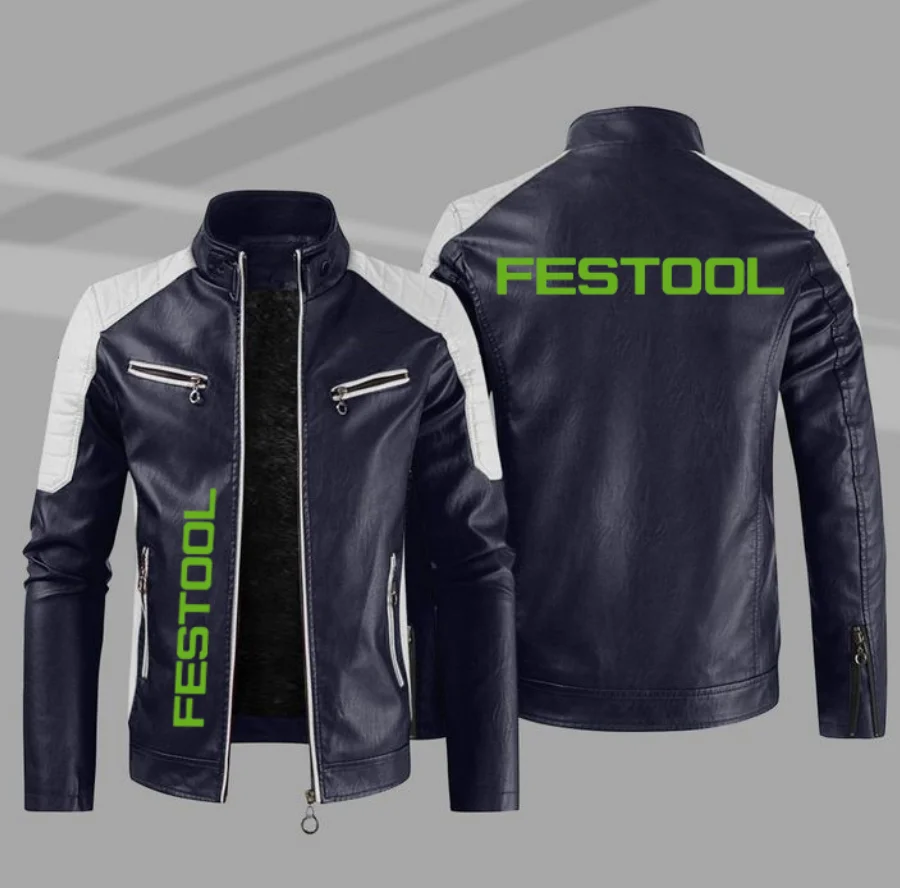 2022 Fashion New Mens Vintage FESTOOL motorcycle Jacket Biker Leather Jacket Male Embroidery Bomber Coat Pu Overcoat