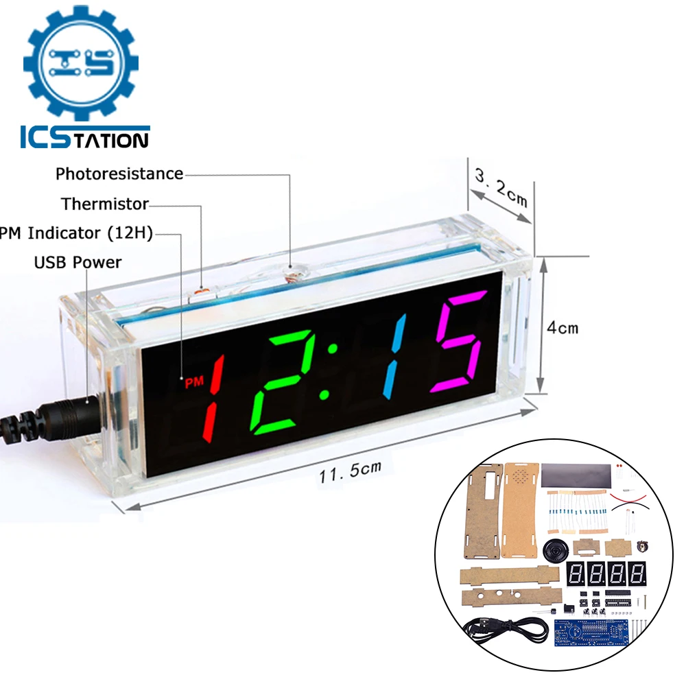 

DIY Electronic Kit Digital Clock Microcontroller LED Display Light Auto Adjust Temperature Thermometer Blue/Green/White/Colorful