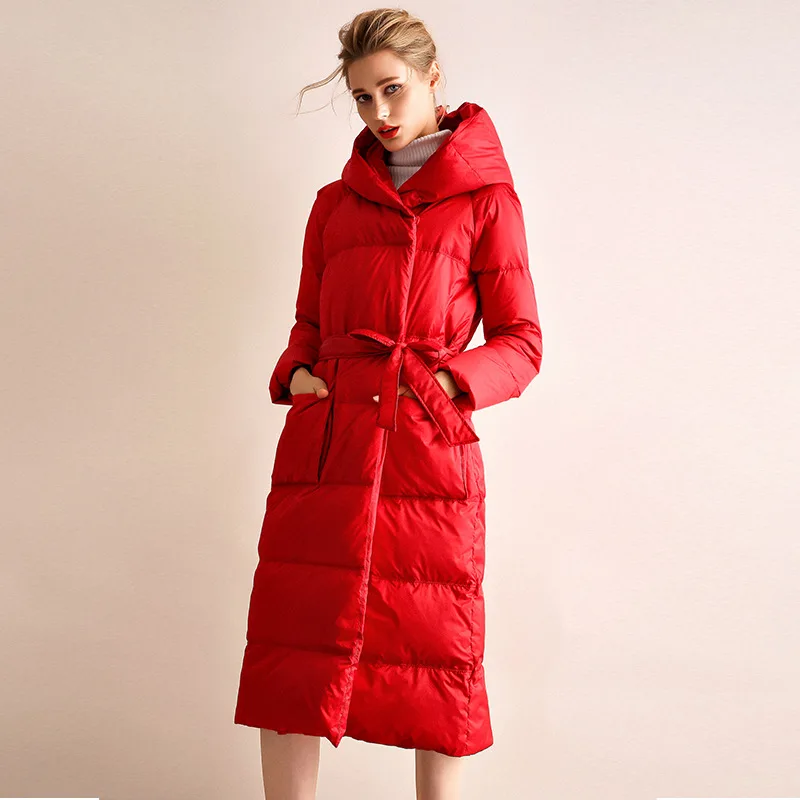 Women Down Jacket New Long Loose Thickened 90 White Duck Down Hooded Down Overcoat