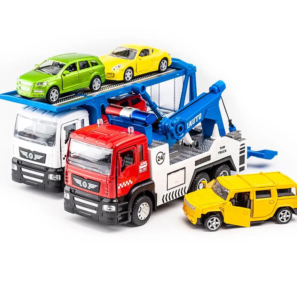 

Children Alloy Pull Back Car Toy Set Rescue Trailer Transporter Vehicle Model Ornaments For Kids Birthday Gifts