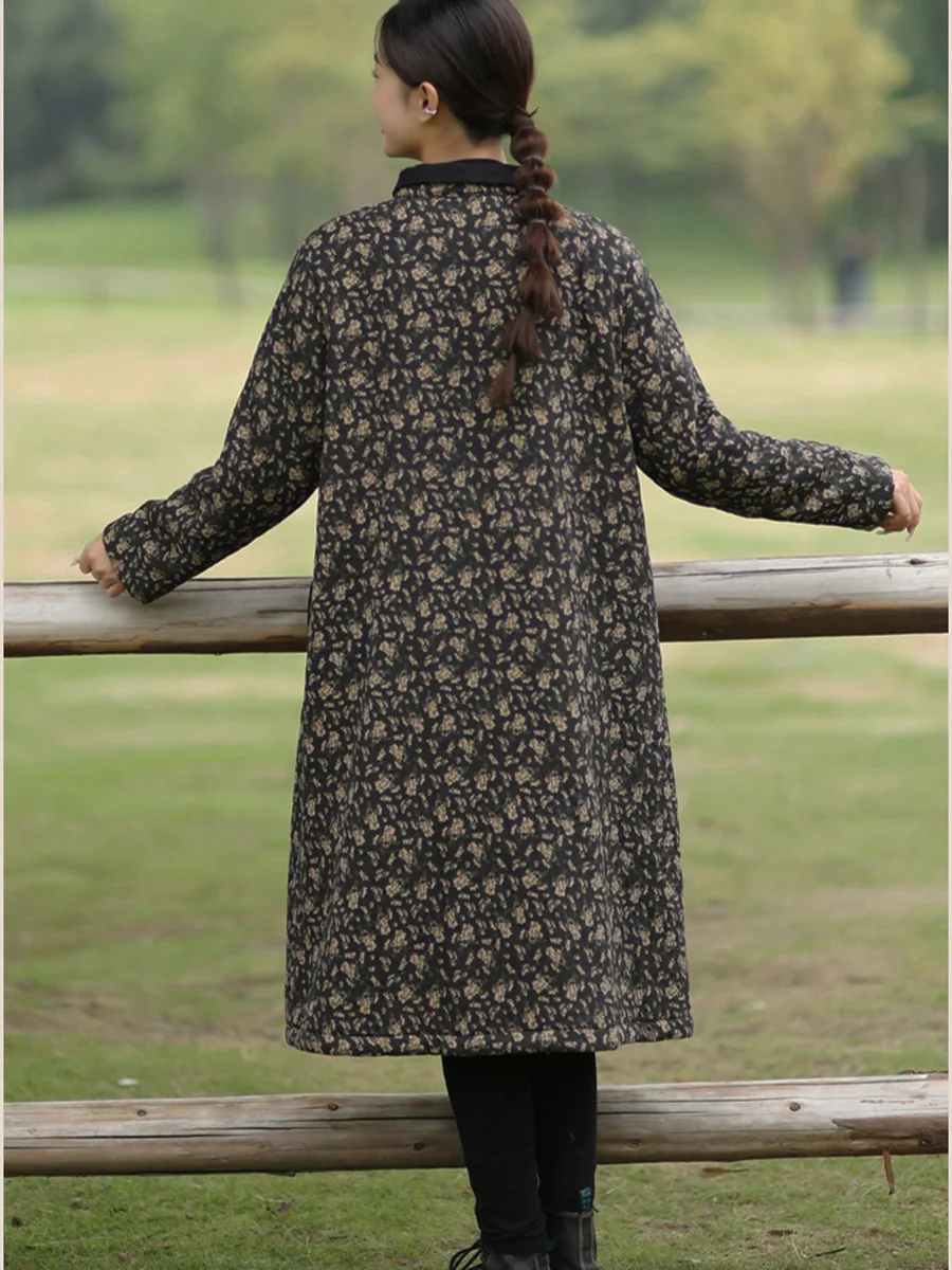 Женское зимнее платье из саржи хлопка и льна с цветочным принтом теплое овечье