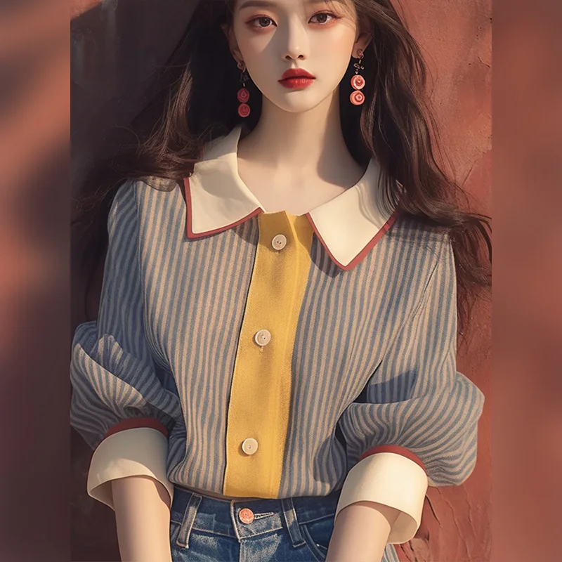 Новинка на раннюю осень Женская однобортная рубашка Boweylun в полоску с рукавом