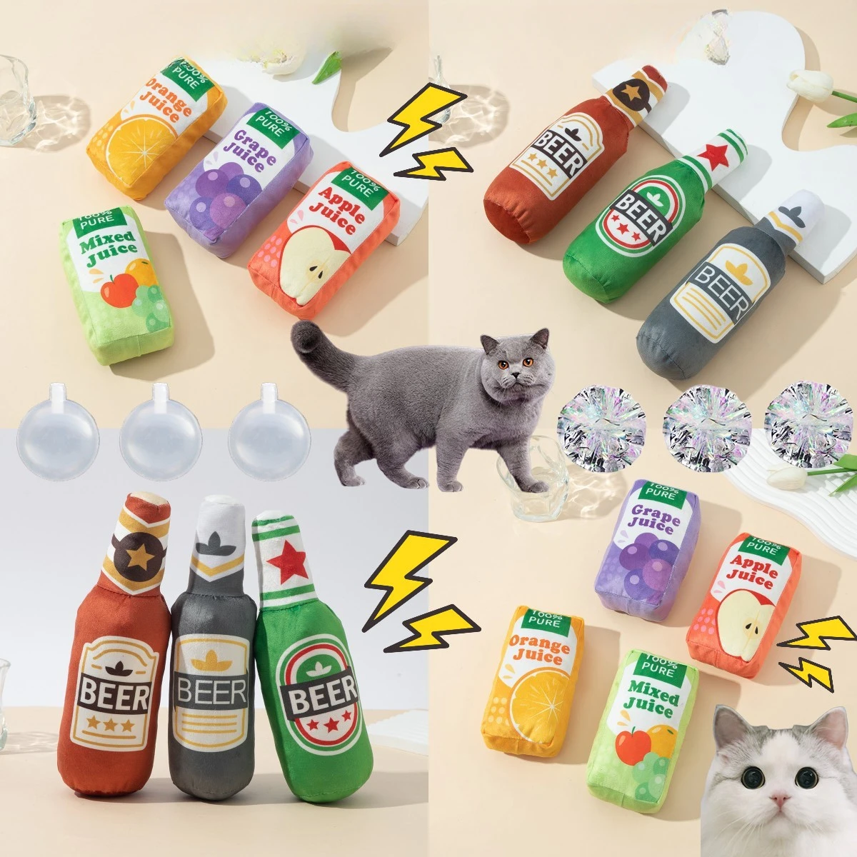 

Creative Plush Sound Cat Toys, Beer Bottle, Juice Modeling with Rattles, Tear-resistant Chewing Pet Supplies