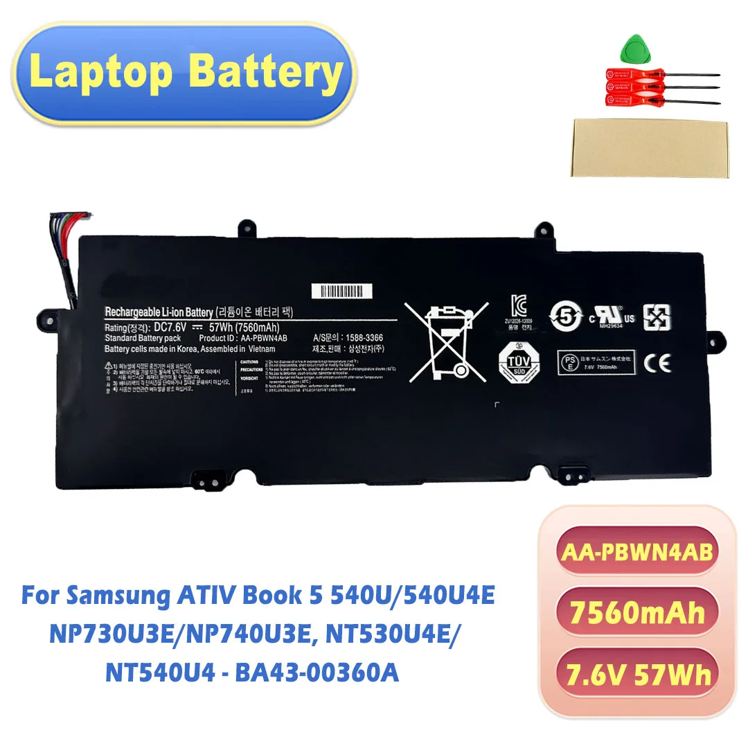 Фото Аккумулятор AA-PBWN4AB 7.6V 57Wh 7560mAh для Samsung ATIV Book 5 540U/540U4E, NP730U3E/NP740U3E, NT530U4E/NT540U4 - BA43-00360A №1