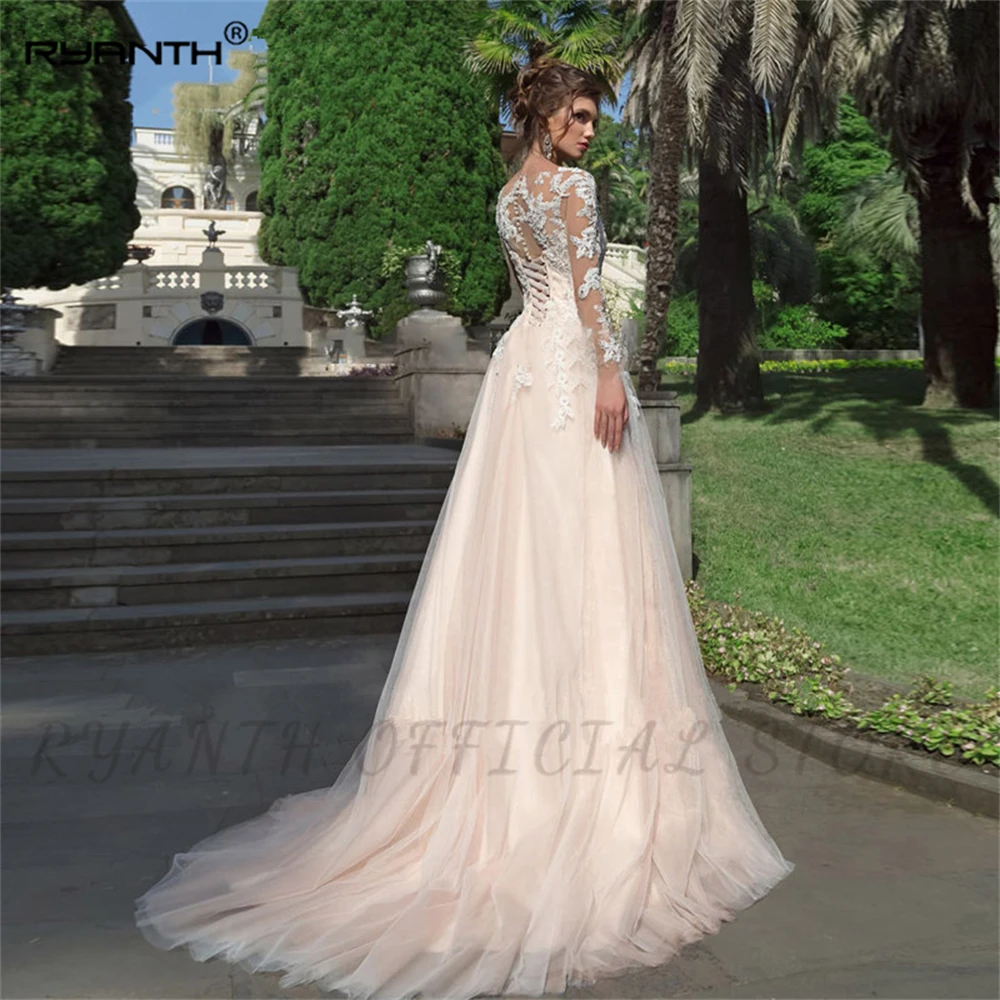 

Ryanth Wedding Dress Long Sleeves Appliques Bridal Vestido De Noiva Lace Up Button Bride Gown A Line Custom Made Plus Size