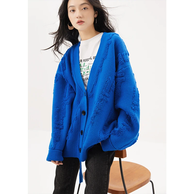 

SHUCHAN Thick Jacquard Long Sleeve Top Cardigan Streetwear Autumn/Winter V-Neck Loose-fitting Korean Fashion Sweater