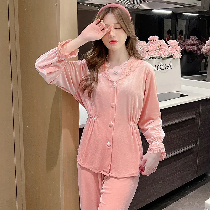 Live Broadcast New Autumn and Winter Pajamas Women's Gold Velvet Lace Lapel Long Sleeve Trousers Suit Homewear Women's Pajama Su