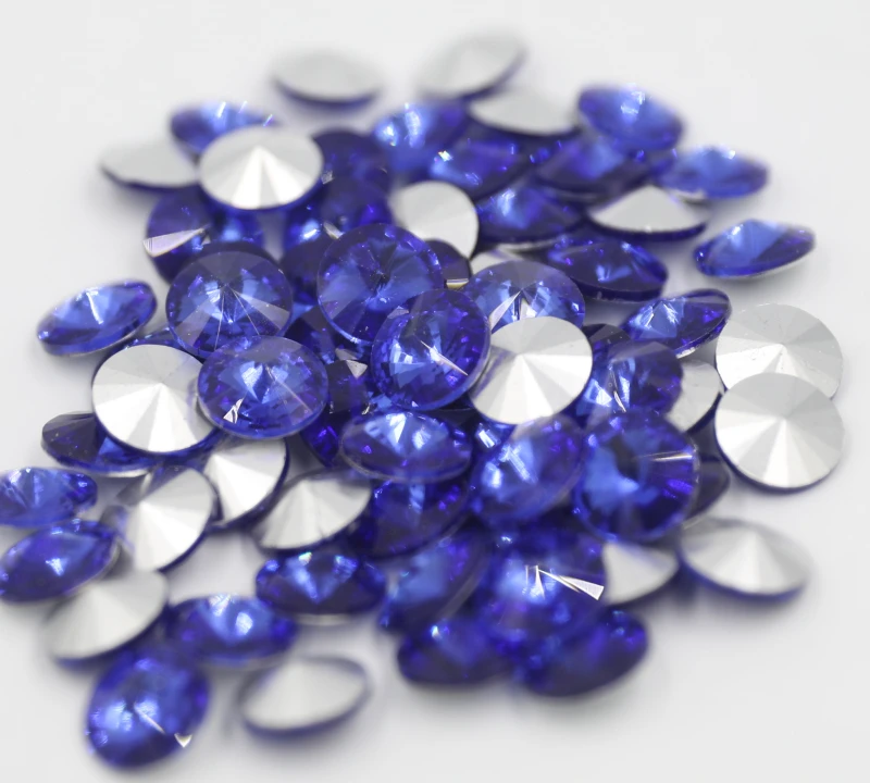 

100pcs/lot Sapphire Color 8mm,10mm,12mm,14mm,16mm,18mm,20mm Chinese Top Quality Round Fancy Stone Rivoli glass beads
