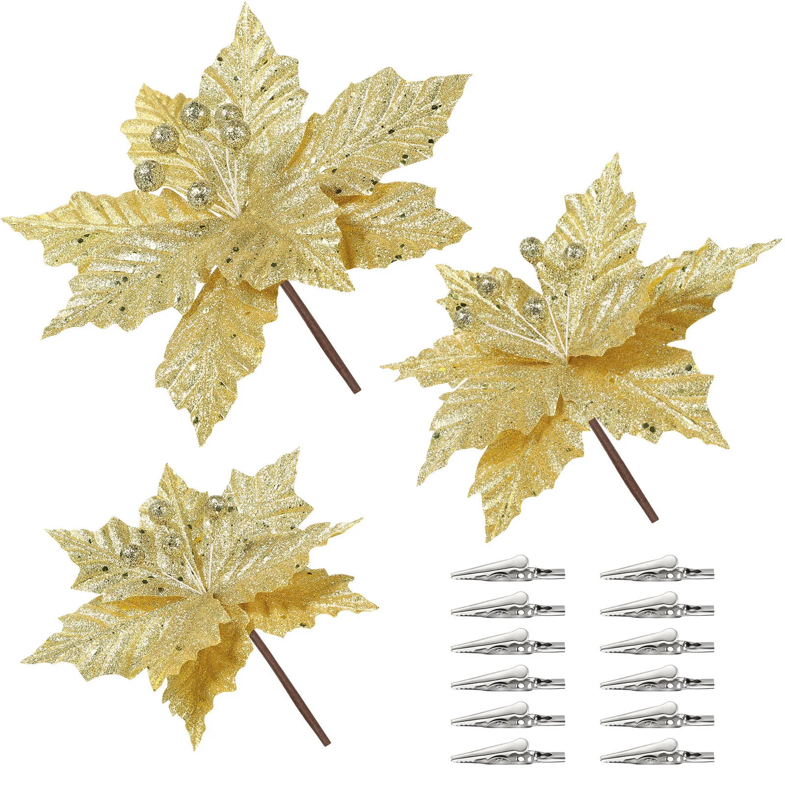 

Flowers Christmas Artificial Poinsettia Tree Flower Decorations Glitterfakexmas Ornaments Decor Poinsettias Clips Silver Stem