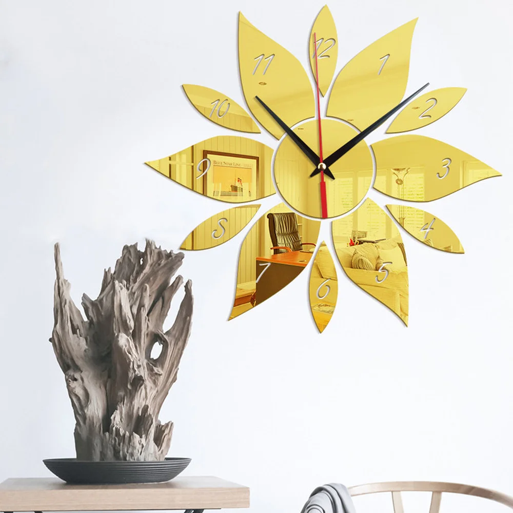 

Self Adhesive Sunflower Mirror Wall Clock Sticker Modern Design 3D Decorative Clock Suitable For Living Room Bedroom Home Decor