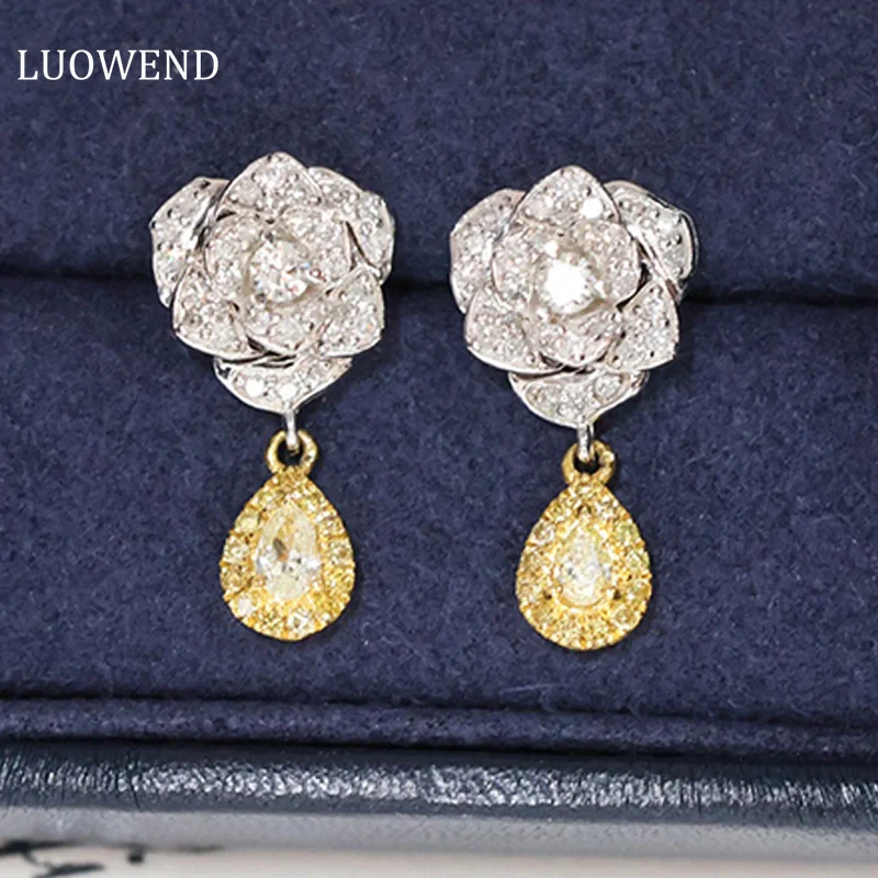 

LUOWEND 18K White Gold Earrings Elegant Earl Flower Shape Real Natural Yellow Diamonds 1.2carat Stud Earrings for Women Wedding