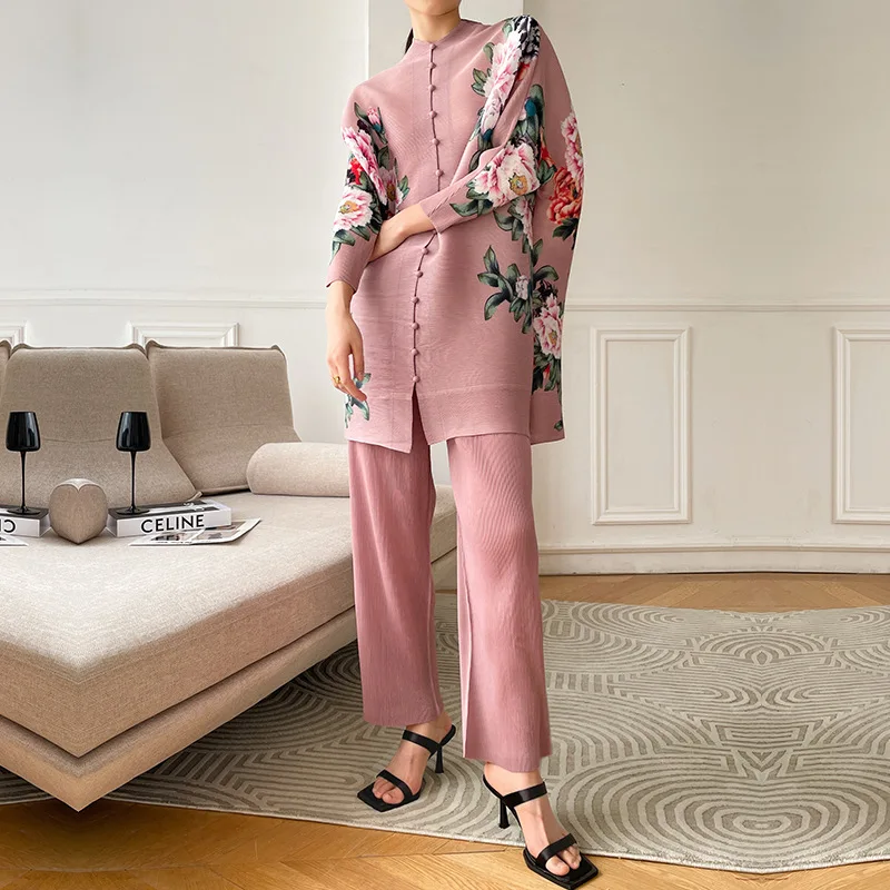 SuperAen Autumn 2022  Pleated Fashion Sets New Fashion Pleated Shirt Long Pant Two-piece Set Women