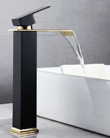 Waterfall Basin Faucet Deck Mounted Bathroom Sink Tap Black Gold Cold and Hot Water Mixer Tap Vanity Vessel Sink Brass Faucets