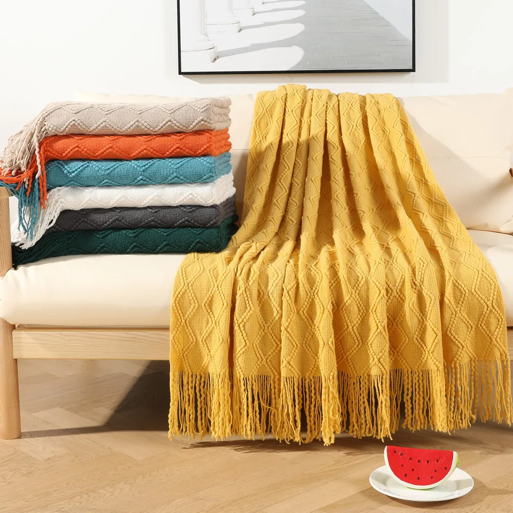 

2023 Solid Color Knitted Sofa Cover Fringe Blanket High Quality Home Decoration Air Conditioning Nap Blanket Yellow Warm Blanket