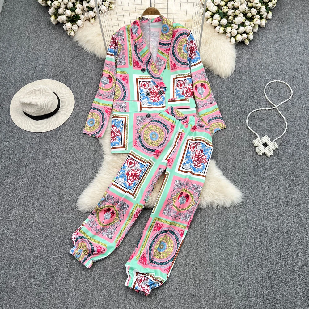 

SuperAen Fashion Women's Retro Temperament Print Long Loose Suit Collar Shirt Elastic Waist Casual Pants Two-piece Sets
