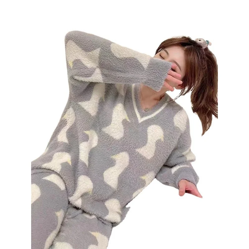 2023 Autumn and Winter New Soft Pajamas Women's Thickened Long-Sleeved Trousers Cute Loungewear Cartoon Suit
