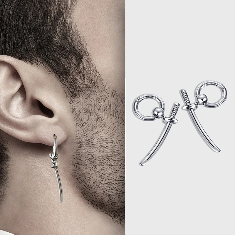 

Trendy men retro Samurai earrings Boy cross sword stainless steel niche Ear studs personality hip-hop Ear jewelry For boyfriend