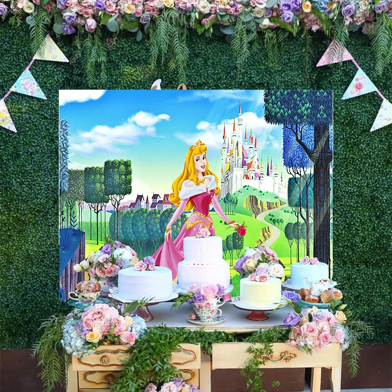 

Disney Magic Castle Photo Backdrop Pink Dress Princess Sleeping Beauty Aurora Cartoon Happy Birthday Party Background Banner
