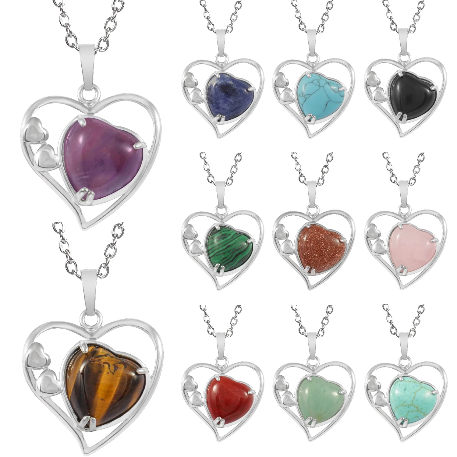 

Natural Crystal Quartz Gemstone Fashion Inlaid Heart Love 23.6in Shape Chain Healing Pendant Necklace For Women Men Jewelry Gift