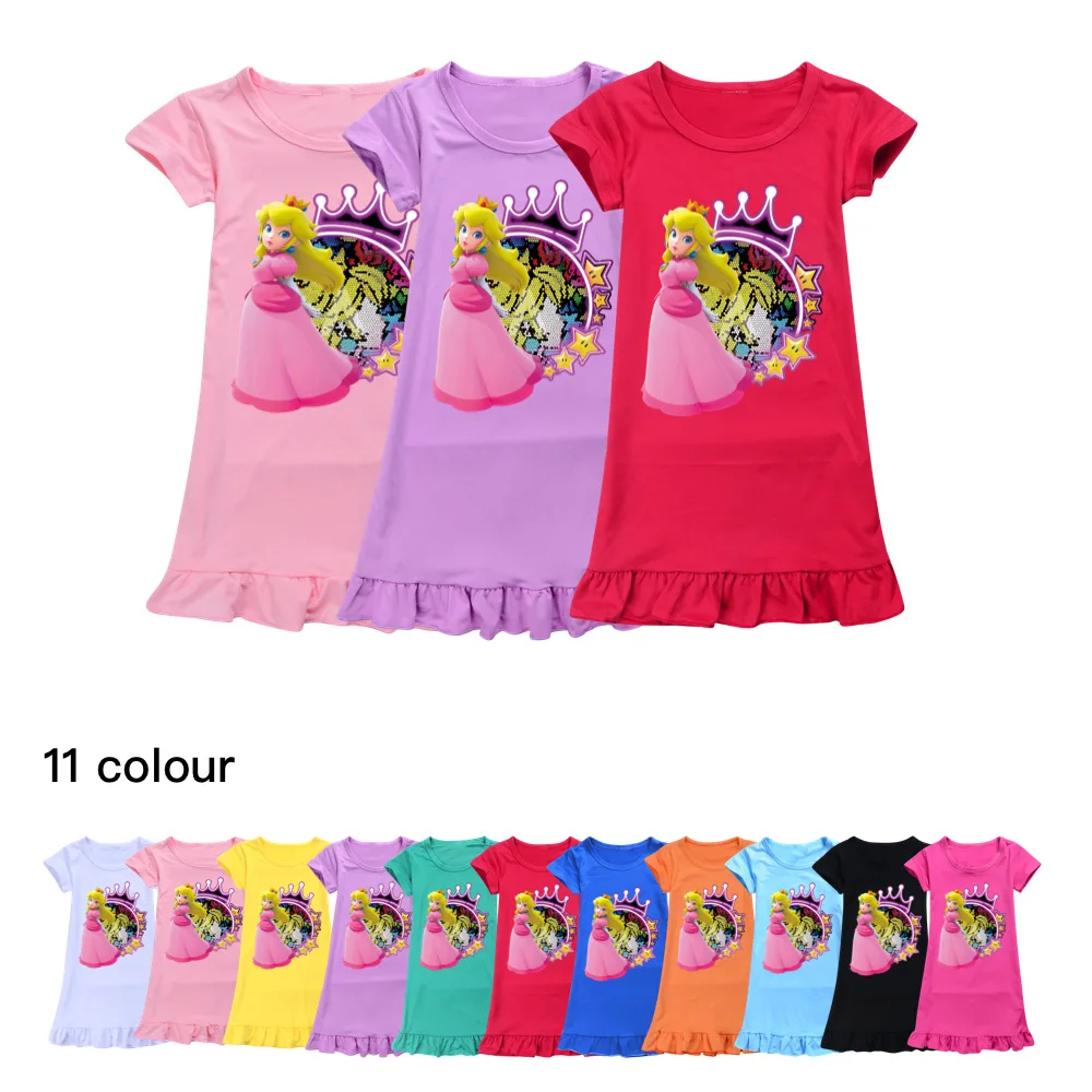 

Girls princess peach Nightgowns Children's Nightdress Cotton Summer Thin Pyjama Kids Home Clothes Pajamas Dress Sleepwear