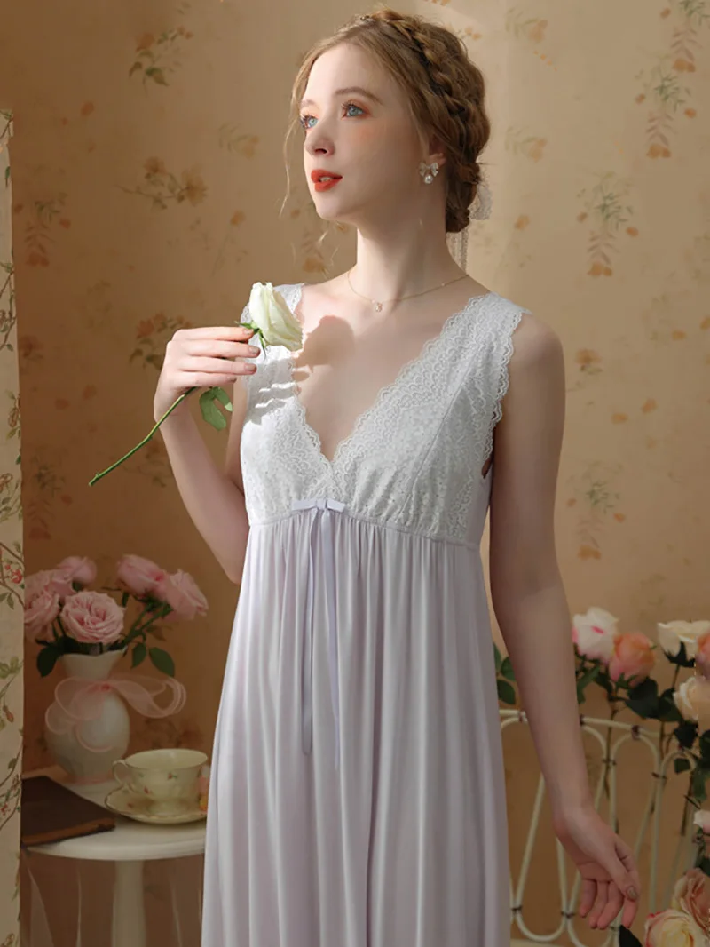 Women Spring Summer Sleepwear Sexy Lace Crop Sleeveless Nightdress Modal Fairy V-neck Princess Pajamas Victorian Nightgowns