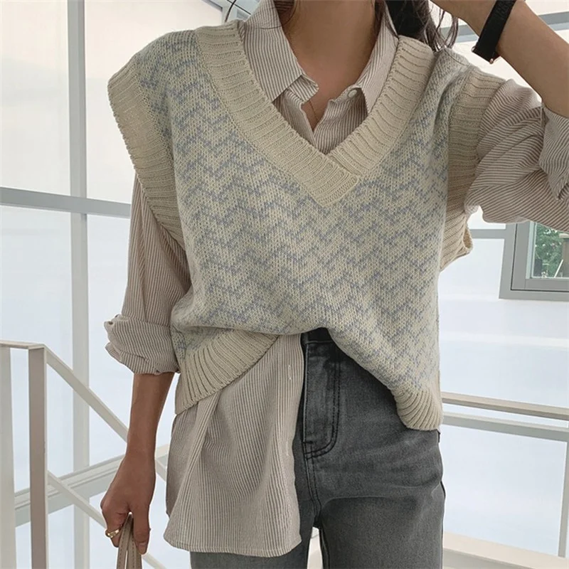 

Women 2023 New Winter Spring Waistcoat Korean Oversized Checkered Knitwear Plaid Vintage Sweater Pullover Sleeveless Vest Female